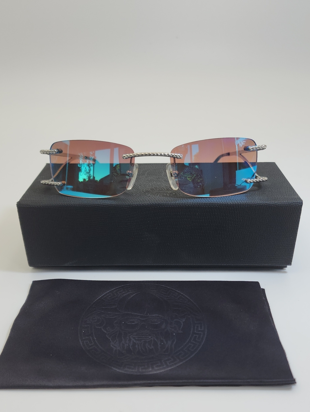 Vintage Frames Corey Shapiro VF Rimless Blue Mirror Sunglasses 52/20 Silver Gold